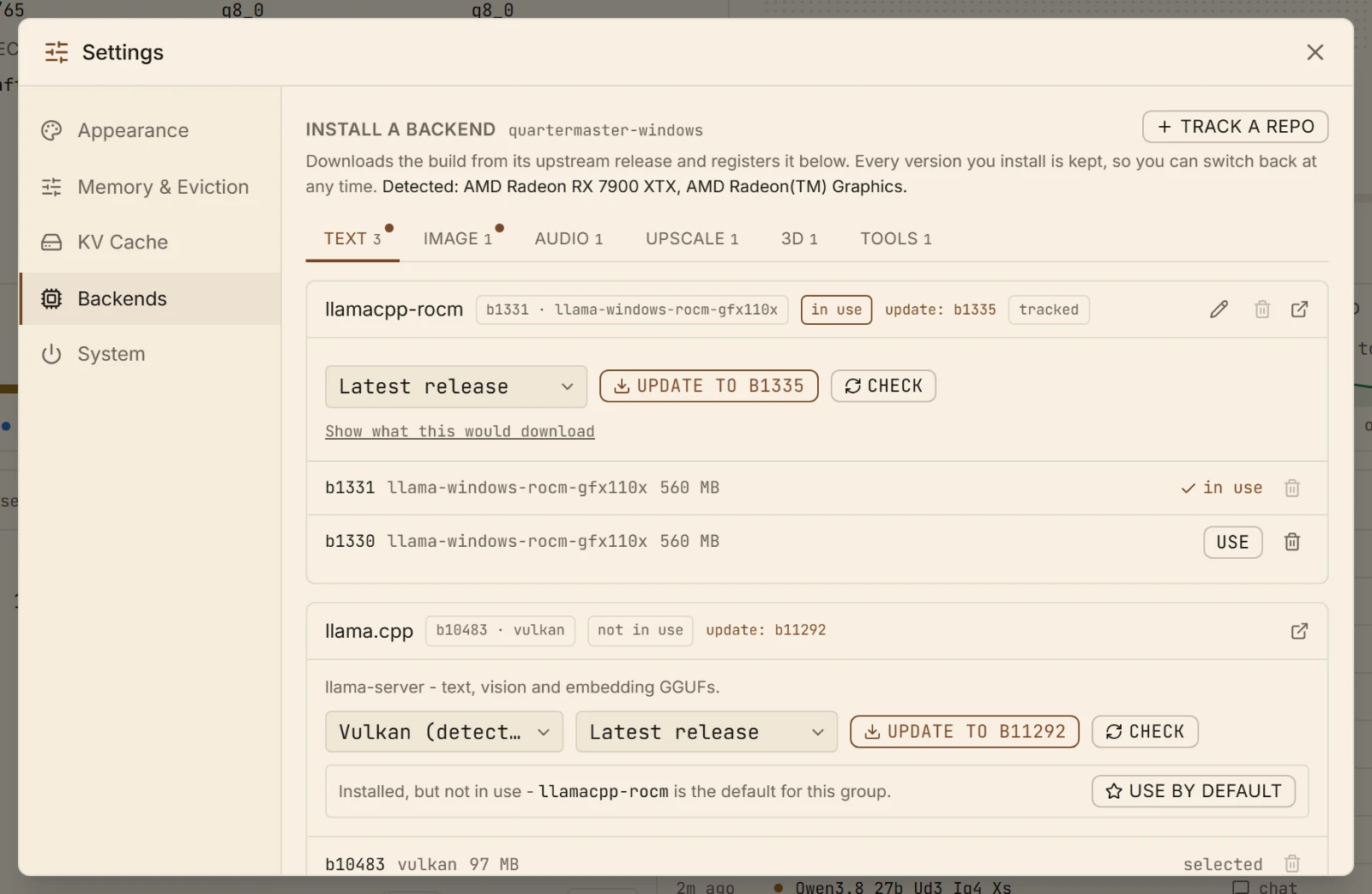Settings, Backends: Managed installs on top, the registry they write into underneath: every row is a binary Quartermaster can spawn, whether it installed it or you did.