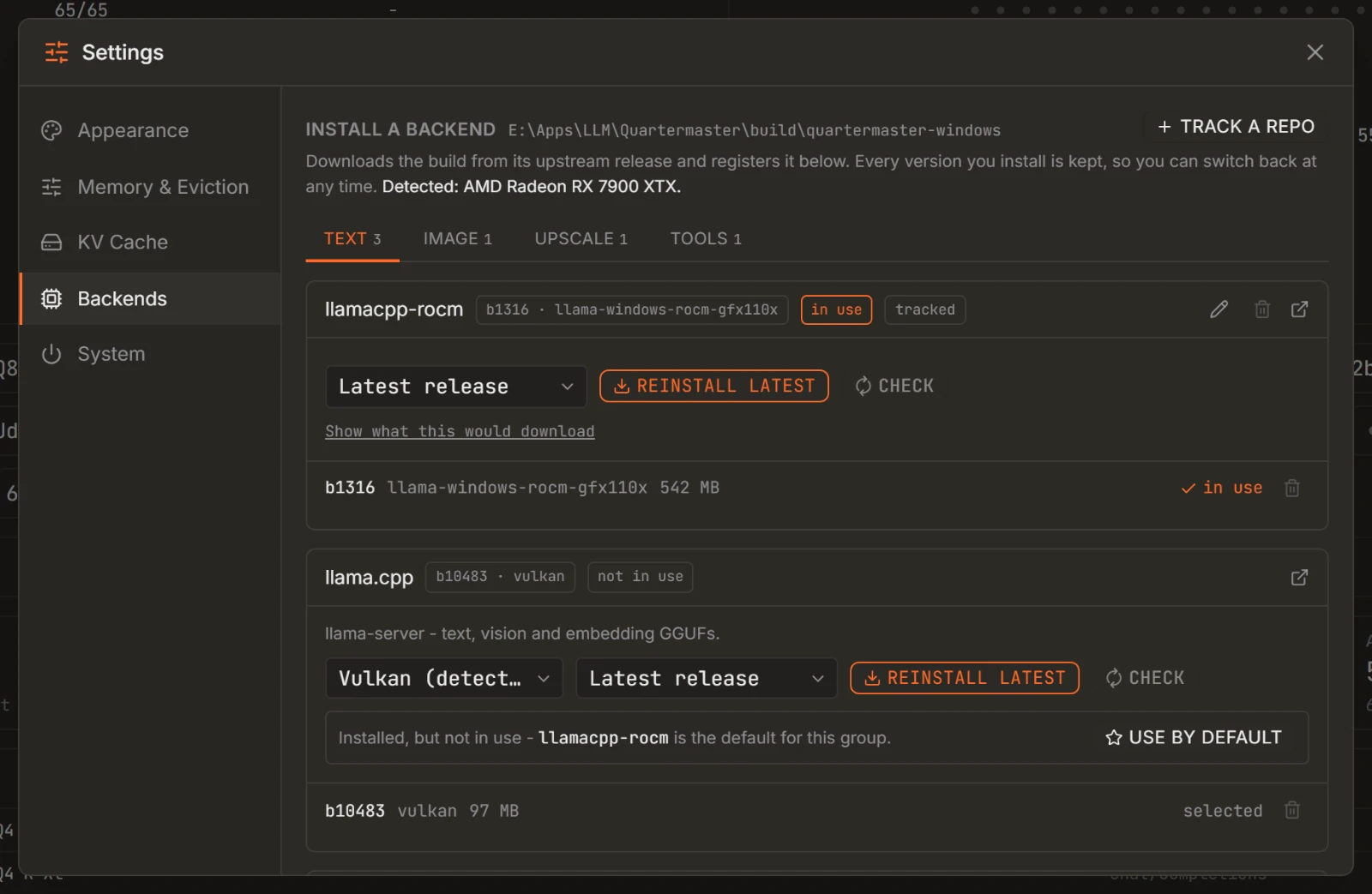 Settings, Backends: Managed installs on top, the registry they write into underneath: every row is a binary Quartermaster can spawn, whether it installed it or you did.
