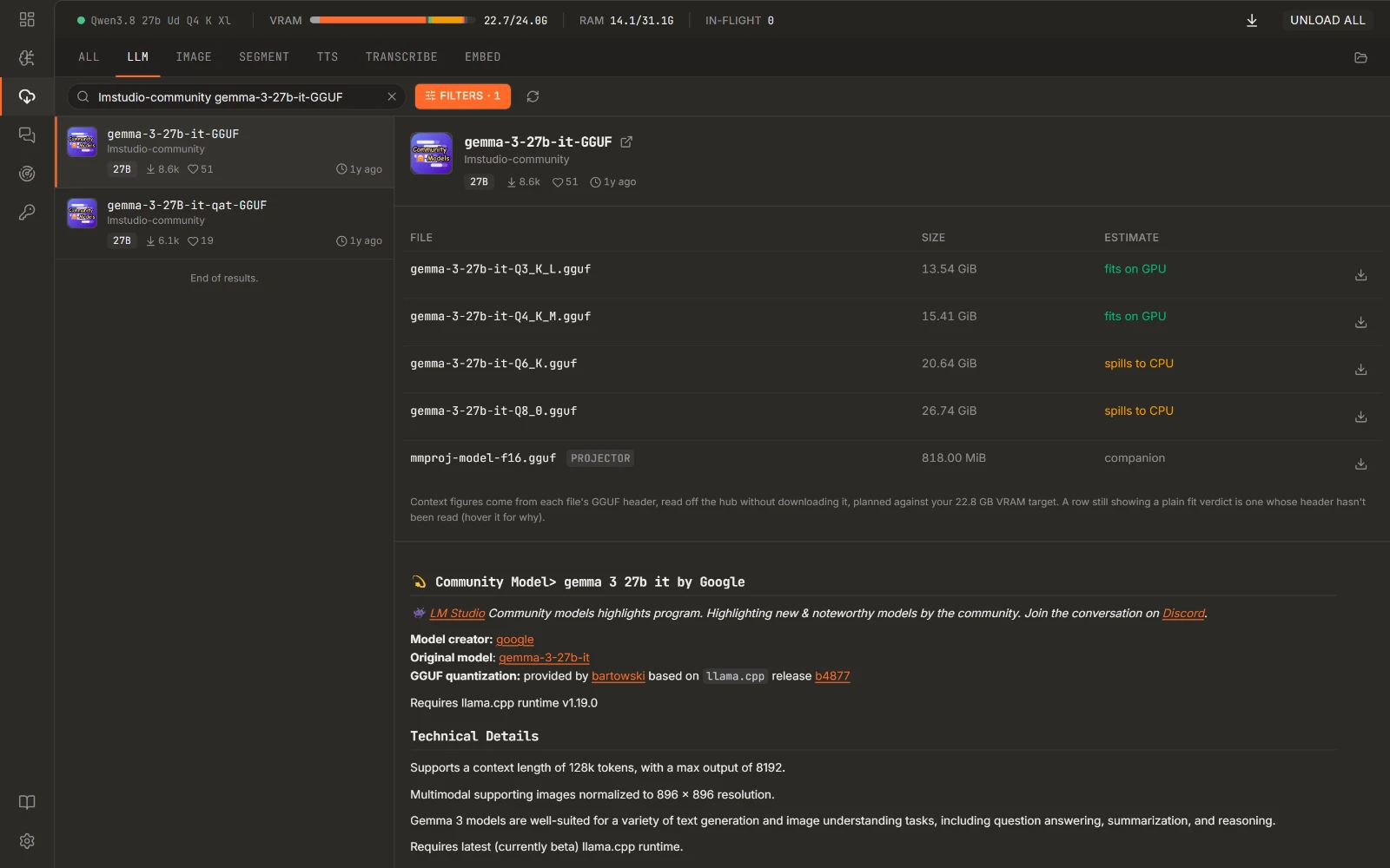 Model hub: Search, pick a quant, download into your models folder.
