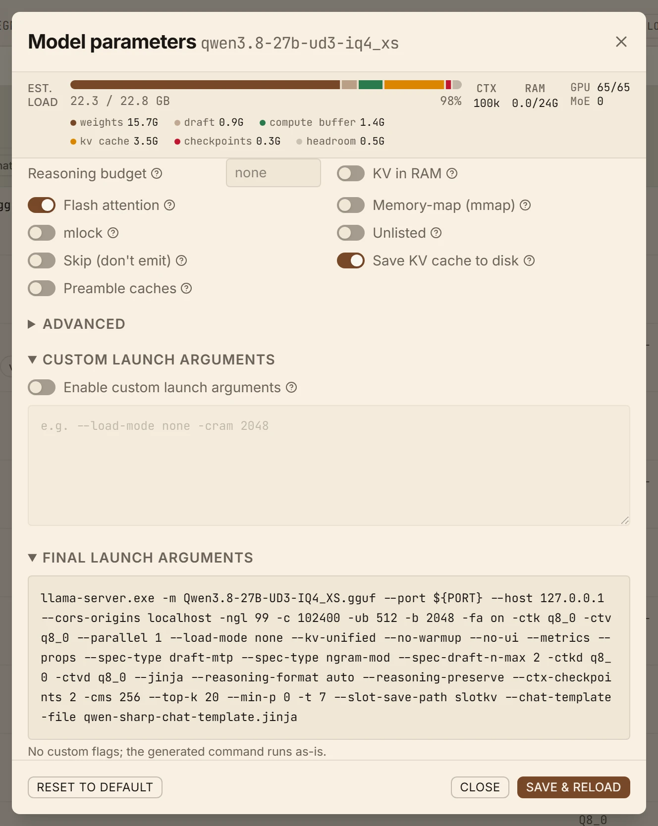 Fully customizable: The whole llama-server command line, and your own flags on top of it. A flag you set replaces the one Quartermaster computed rather than landing beside it, and the final command shows which is which: the UI is a layer over the flags, not a replacement for them.