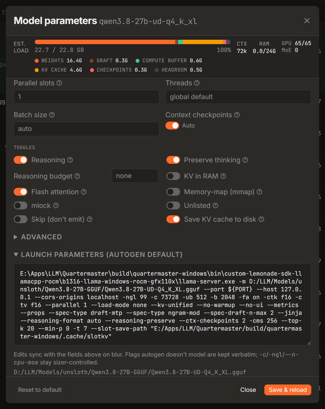 Fully customizable: The whole llama-server command line is right there and editable. Edits fold back into the fields above, and flags Quartermaster doesn't model are kept verbatim, the UI is a layer over the flags, not a replacement for them.