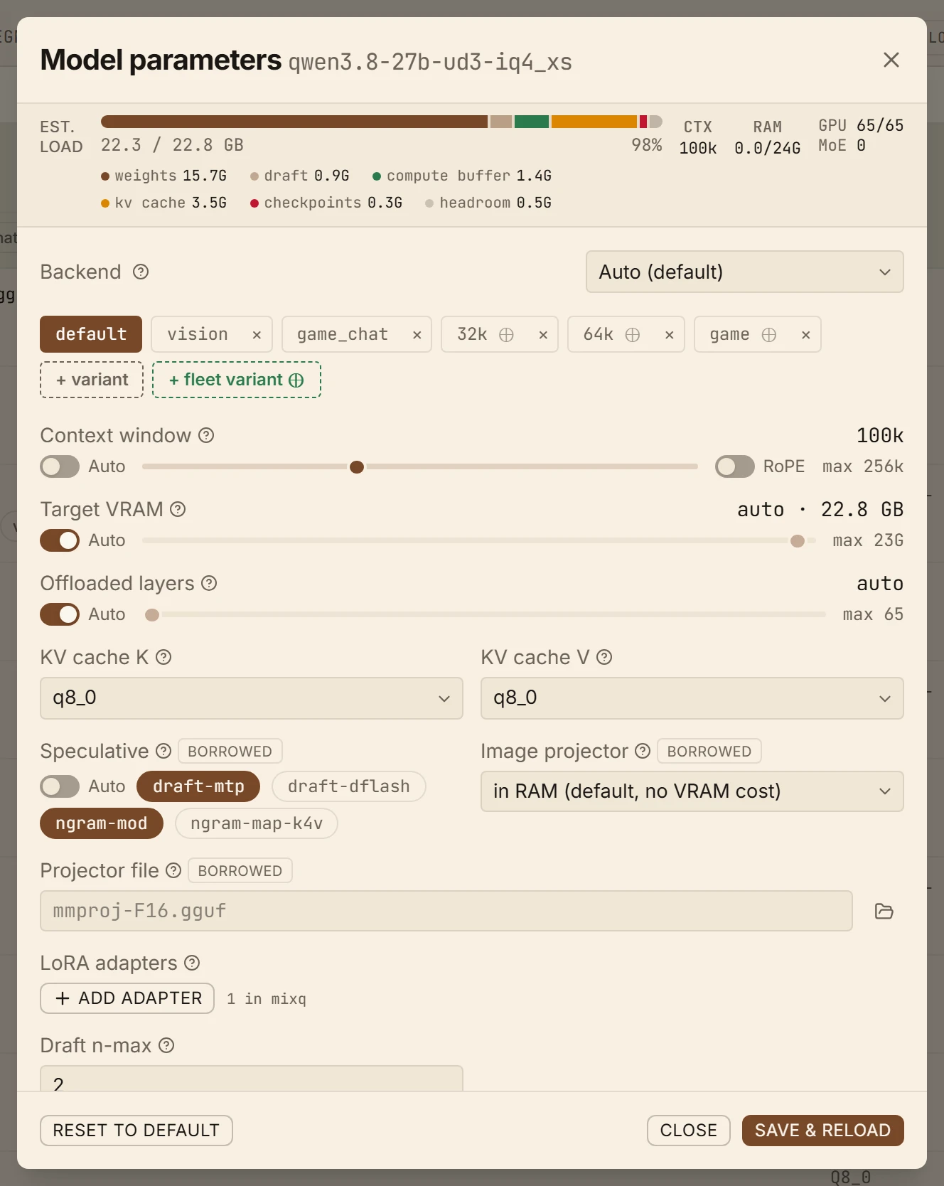 Per-model parameters: Context, KV cache, offload and speculative decoding, with the computed default one click away.