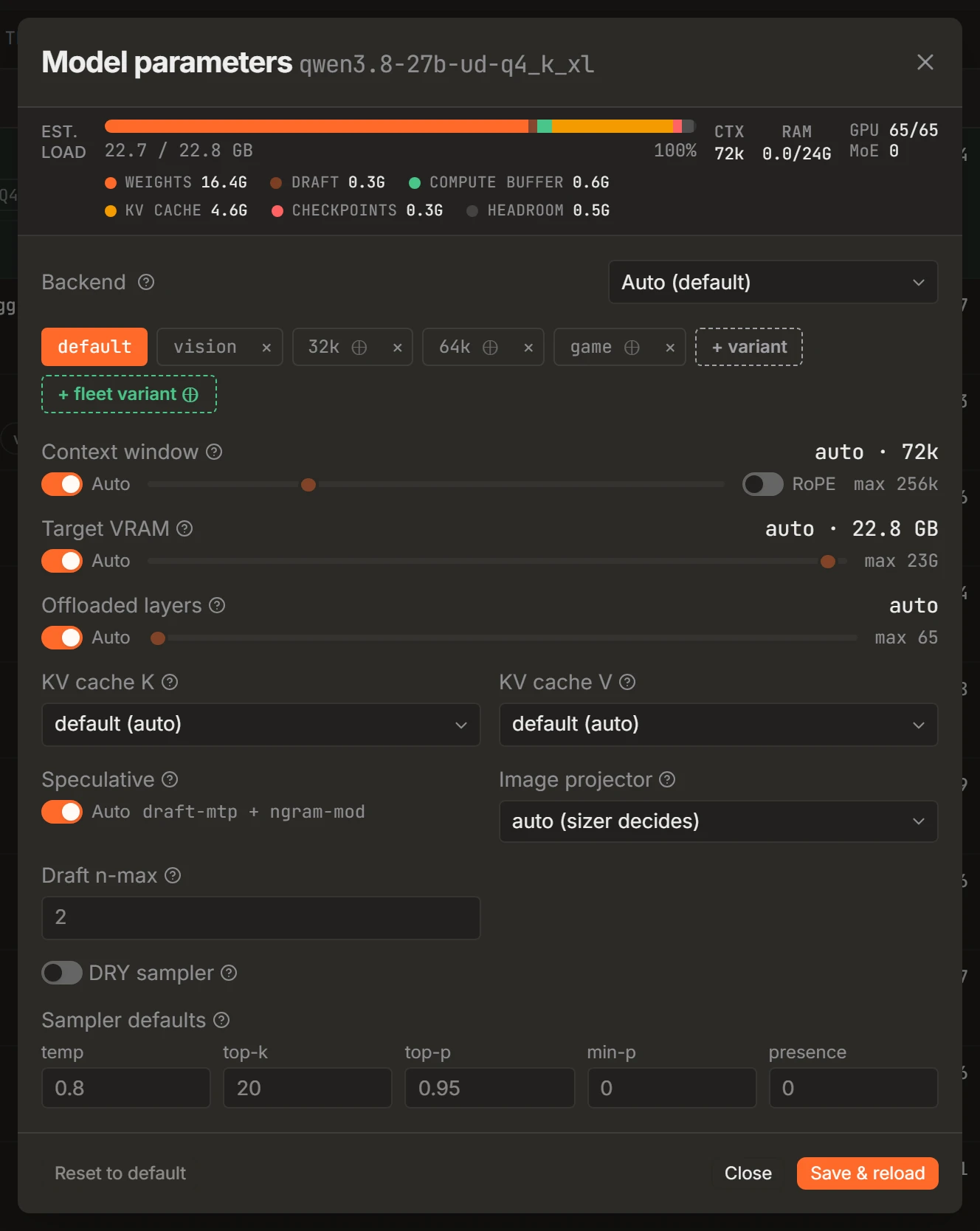 Per-model parameters: Context, KV cache, offload and speculative decoding, with the computed default one click away.