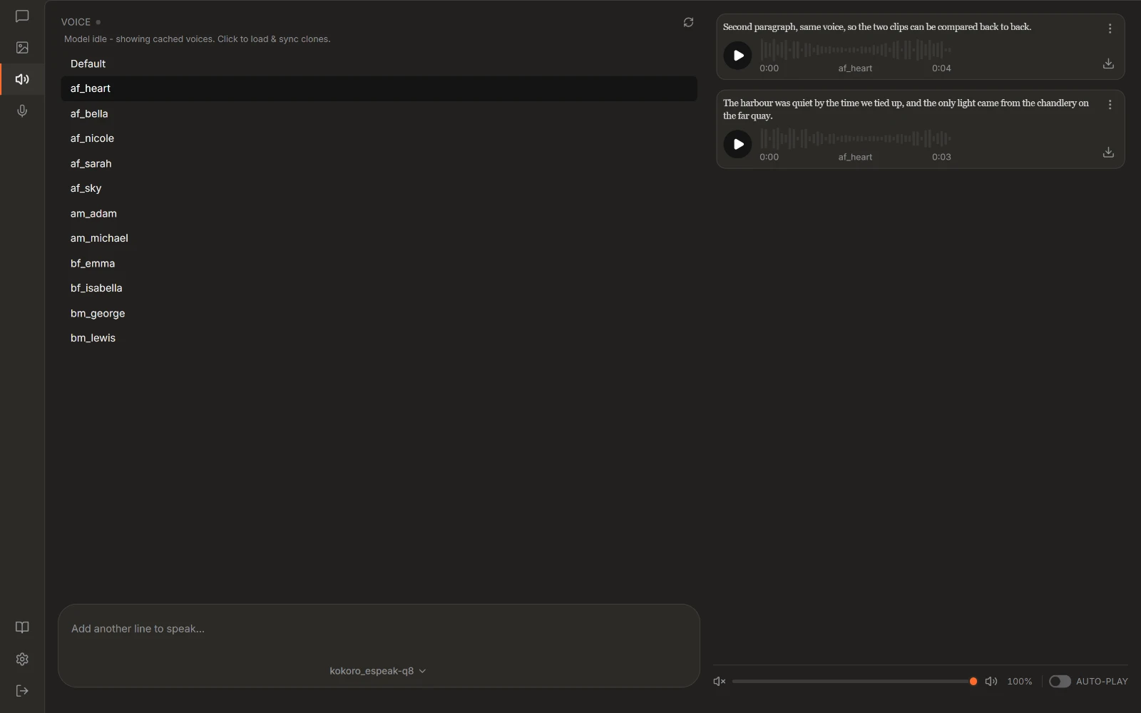 Speech: Text to speech and transcription against your local voices.
