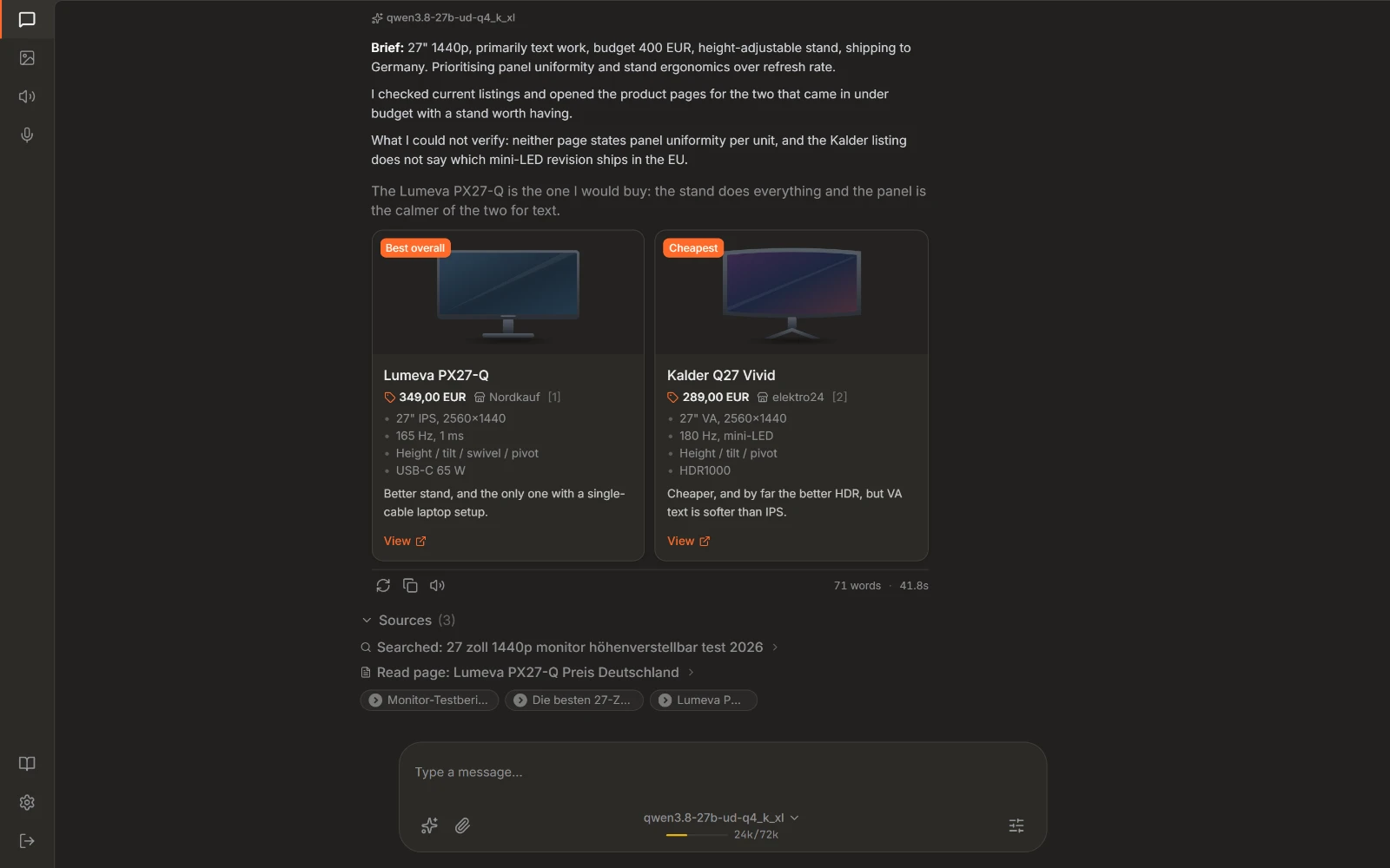 Tools and web search: The model calling out mid-conversation and reading a result in full.